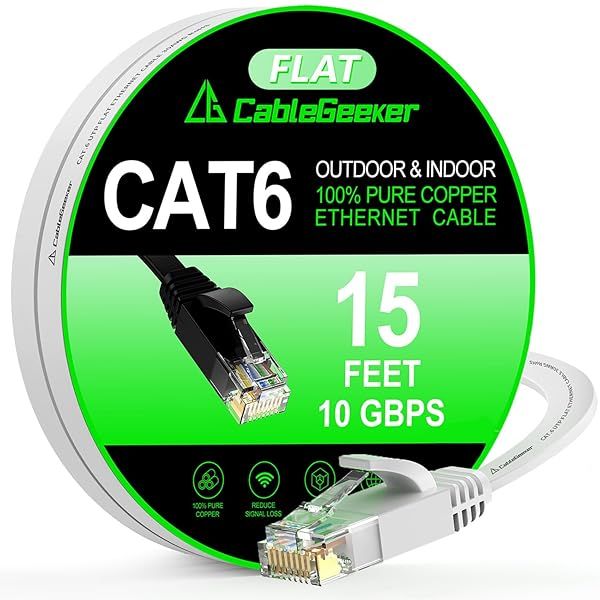 Cat 6 Ethernet Cable 15ft (at a Cat5e Price but Higher Bandwidth) Flat 10Gbps Internet Network Cable - Cat6 Ethernet Patch Cable Short - Cat6 Computer Cable with Snagless RJ45 Connectors - White