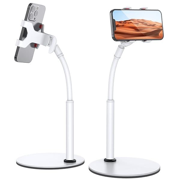 "Adjustable Gooseneck Phone Stand - Universal Holder for 3.5"-6.7" Devices, Perfect for Desk & Lazy Use (White Aluminum Alloy)"