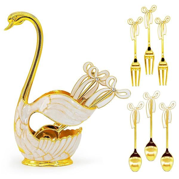 Elegant Gold Coffee Dessert Spoon & Fork Set with Swan Base Holder - Perfect for Ice Cream & Fruit Treats