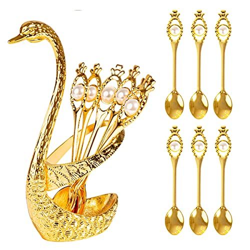 Elegant Coffee Spoon Set with Metal Swan Holder - 6 Gold Teaspoons for Desserts & Ice Cream