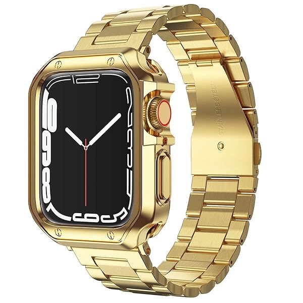 Gold Stainless Steel Apple Watch Band & Case - Compatible with Series 1-9, 45mm/44mm/42mm - Stylish Link Bracelet Strap
