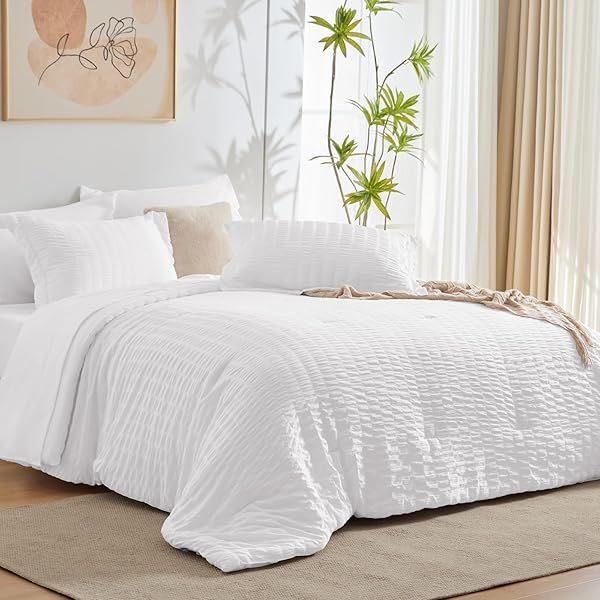 CozyLux Queen Bed in a Bag: 7-Piece White Seersucker Comforter Set with Sheets for All Seasons