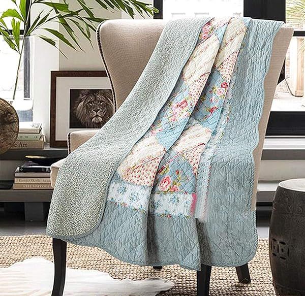 Cozyholy 100% Cotton Twin Patchwork Quilt - Reversible Blue Floral Bedspread & Vintage Shabby Chic Throw Blanket
