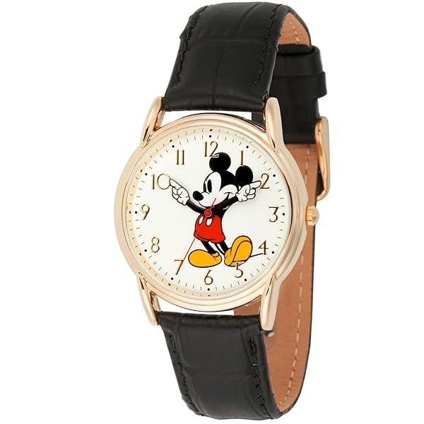 DISNEY Mickey Mouse Adult Classic Cardiff Articulating Hands Analog Quartz Leather Strap Watch, Gold/Black