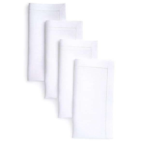 Elegant D'Moksha 20x20 Linen Dinner Napkins Set of 4 - Classic Hemstitch, Washable White Cloth for Fall & Thanksgiving