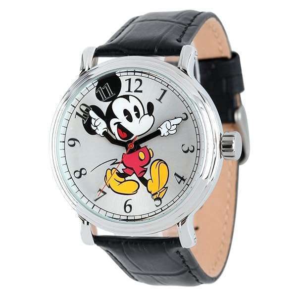 Disney Mickey Mouse Vintage Analog Quartz Watch for Adults - Silver & Black Articulating Hands