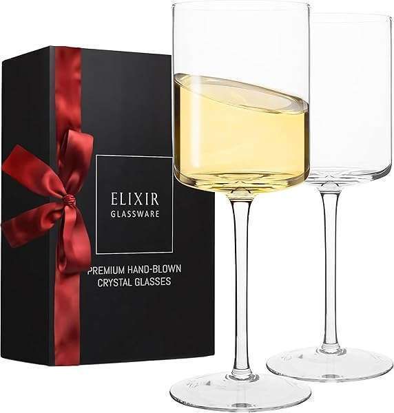 ELIXIR Glassware Set of 2 - Hand Blown 14oz Square Wine Glasses for Red & White Wine - Perfect Housewarming Gift