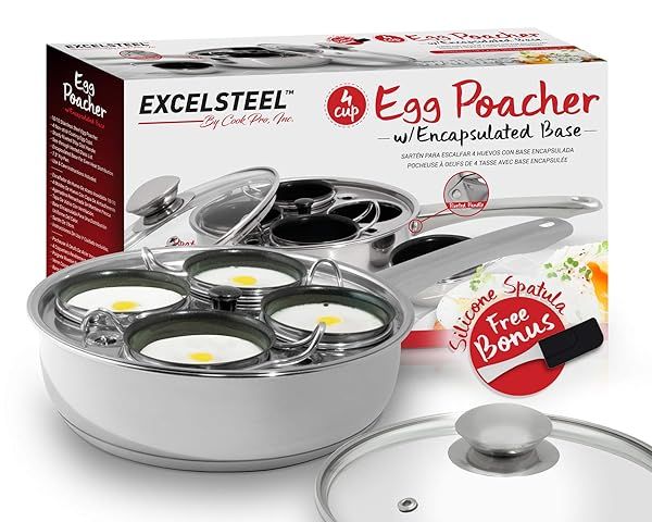 EXCELSTEEL Non-Stick Egg Poacher - 4 Cup Rust-Resistant Stainless Steel for Induction Cooktops