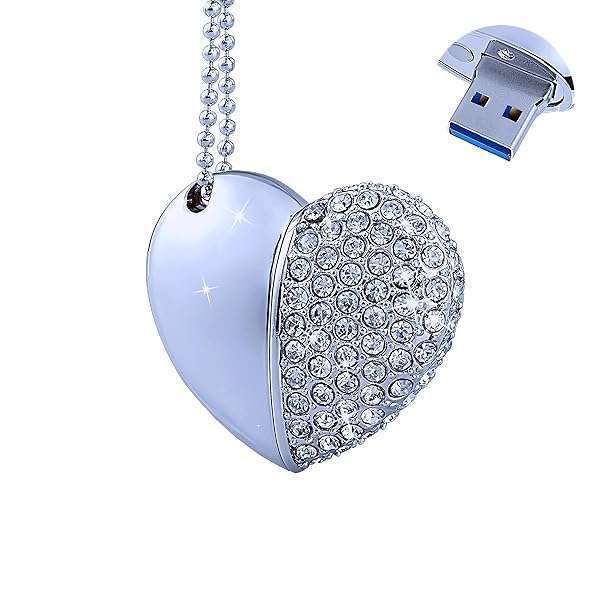 EcooDisk 128GB USB 3.0 Flash Drive Necklace - High-Speed Diamond Heart Memory Stick for Data Storage