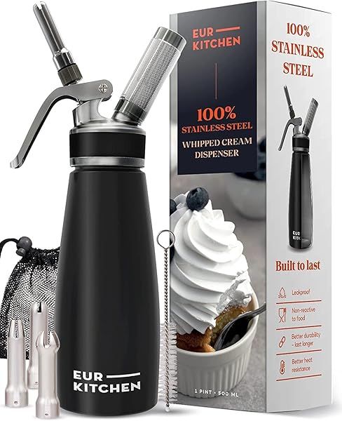 EurKitchen Stainless Steel Whipped Cream Dispenser - Leak-Free, 3 Nozzles, 1 Pint Capacity - Perfect for Desserts!