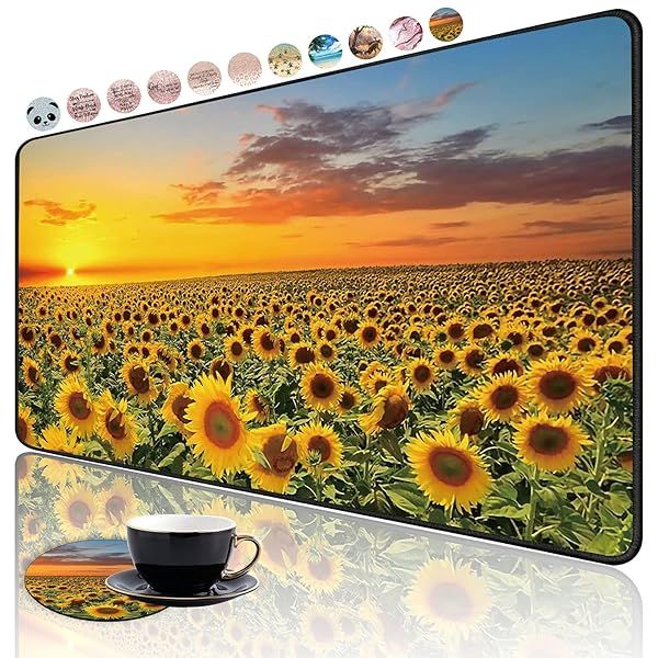 Large Extended Gaming Mouse Pad with Non-Slip Base & Cup Coaster - Brilliant Sunflower Design for Office & Study