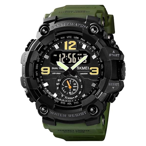 FANMIS Mens Analog Digital Dual Display Sports Watch Military Waterproof LED Alarm Stopwatch Outdoor Running Swimming Y Army Green