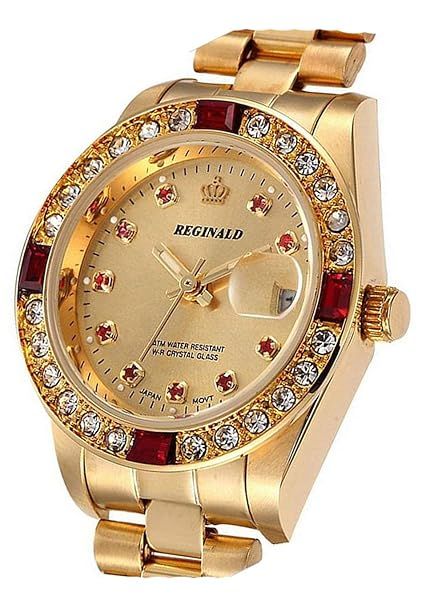 FANMIS Men's Luxury Business Waterproof Two Tone Stainless Steel Quartz Watch Gold Red