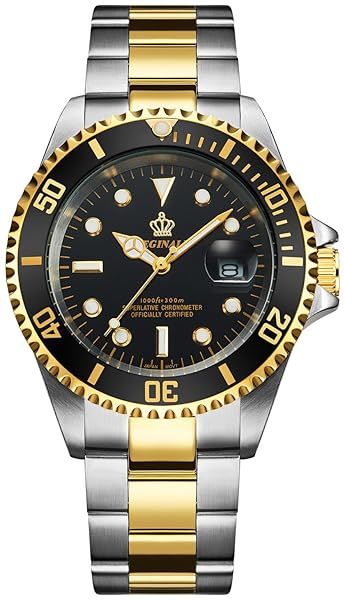 FANMIS Mens Luxury Quartz Watch with Ceramic Bezel Sapphire Glass Luminous Two Tone Stainless Steel Gold Black