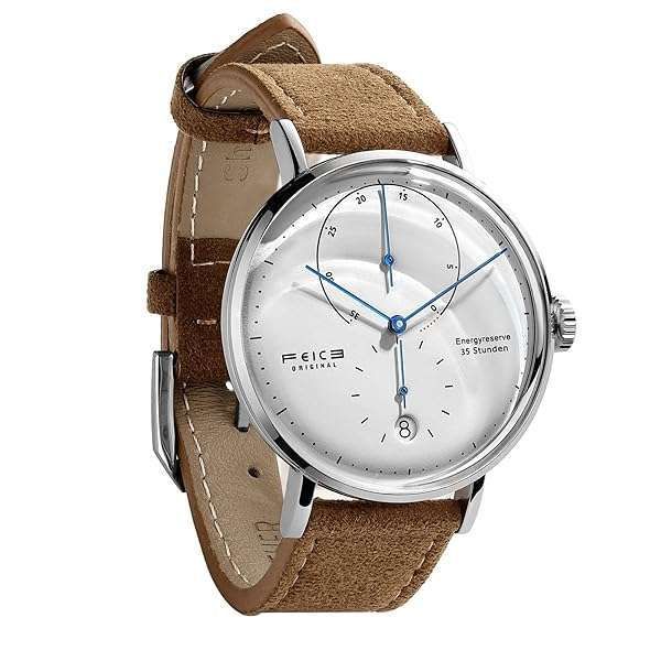 FEICE Men's Automatic Bauhaus Watch - Classic Minimalist White Dial Dress Watch with Energy Reserve & Domed Crystal - FM202 (Brown)