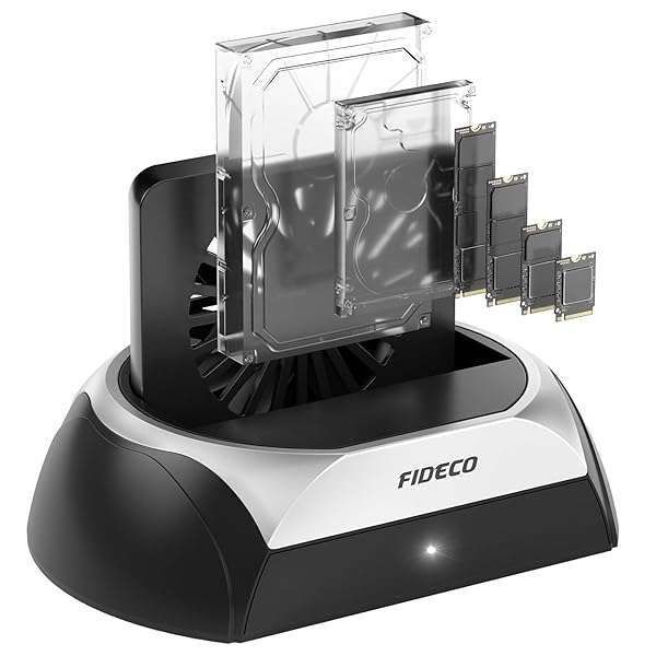 "FIDECO M.2 NVME Hard Drive Docking Station with Cooling Fan - Supports 2.5/3.5" SATA HDD/SSD for Ultimate Heat Dissipation"