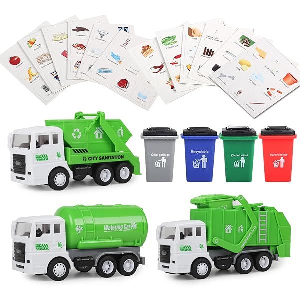 FIVEDAOGANG Garbage Truck Toy Set Friction Powered Waste Management Game with Dumpster Trash Bins and Cards for Kids 3 Years and Up