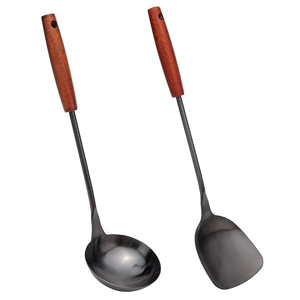 "FJNATINH Stainless Steel Wok Tool Set: 14.2-15" Spatula & Ladle for Perfect Cooking"
