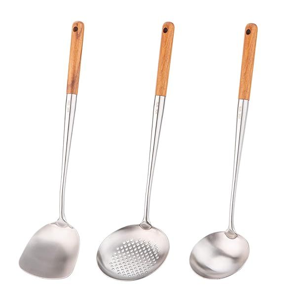 "FJNATINH Wok Spatula & Ladle Set - 17" Stainless Steel Skimmer Utensils for Perfect Cooking"