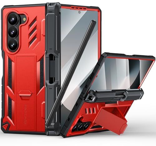 FNTCASE Military Grade Full-Body Protective Case for Samsung Galaxy Z-Fold 6 with S-Pen Holder and Kickstand Heavy Duty Shockproof Red