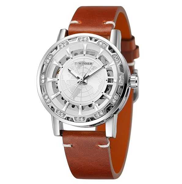 Forsining Men Manual Wind Mechanical Skeleton World Map Carve Analog Watch with Genuine Leather Strap WRG8278M3S5