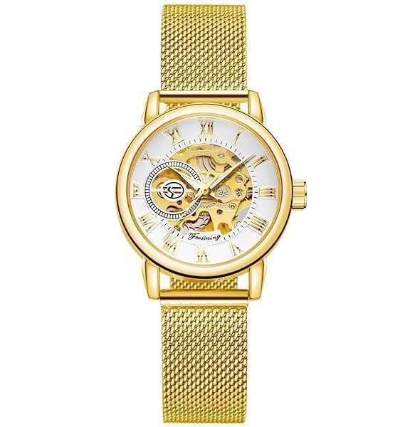 FORISNING Women's Skeleton Wristwatch: Stylish Waterproof Self-Wind Mechanical Watch with Stainless Steel Mesh Band