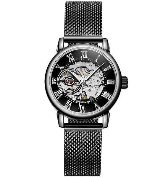 FORSINING New Women Fashion Skeleton Wristwatch Lady Casual Waterproof Self-Wind Mechanical Watch with Stainless Steel Mesh Band (06-Black)