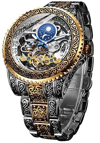 FOR SINING Retro Men's Watch: Carved Self-Wind Mechanical Tourbillon with Moon Phase & Skeleton Design - Gold Big Dial