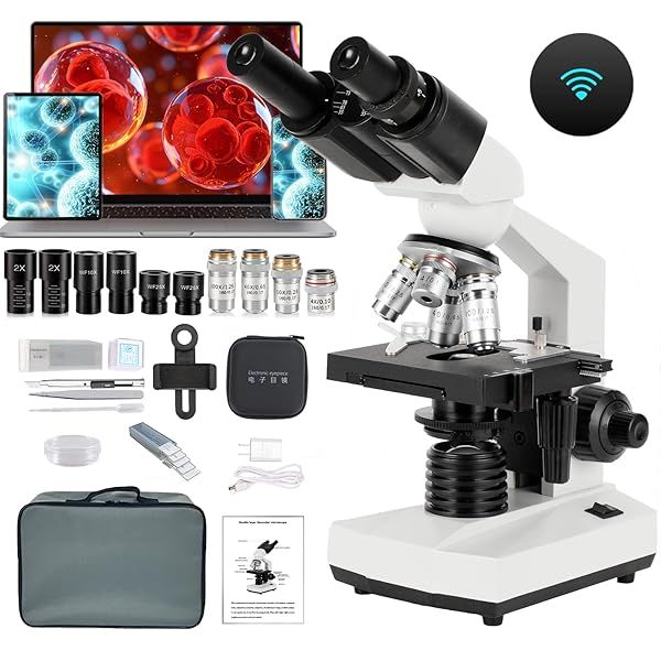 FULENIAO Binocular Compound Microscope 40X to 5000X Magnification with LED Light Wide-Angle Eyepiece and XY Axis Double-Layer Stage