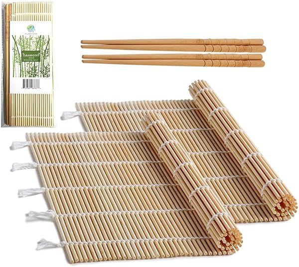 "FUNGYAND Bamboo Sushi Rolling Mat & Chopsticks Set - 9.5"x9.5" Sushi Making Kit for Perfect Rolls"