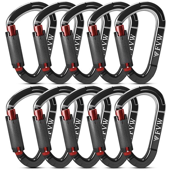 FVW 10 Pack Auto Locking Carabiners - UIAA Certified 25KN Heavy Duty for Climbing, Rappelling & Rescue - Black D-Shaped Gear
