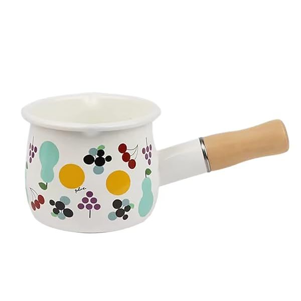 FYUEROPA Enamel Milk Pot Non-stick Mini Saucepan 4 Inch 17 Oz Small Cookware with Wooden Handle Ideal for Butter and Sauces