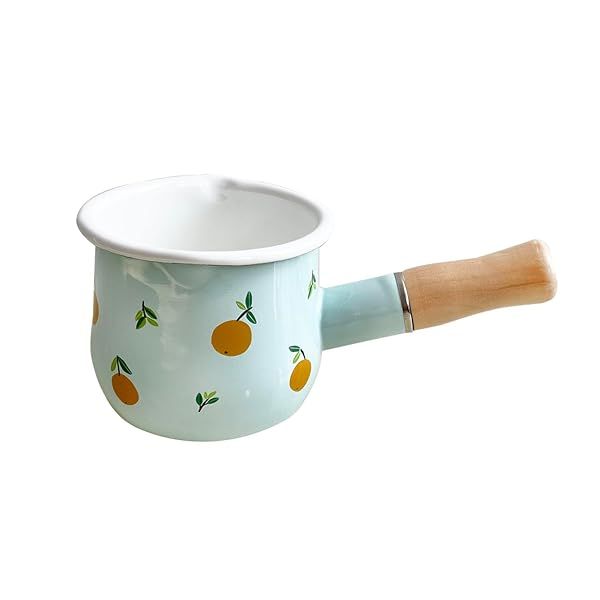 FYUEROPA Enamel Milk Pot Non-stick Mini Saucepan 4 Inch 17 Oz Small Cookware with Wooden Handle Orange Pattern