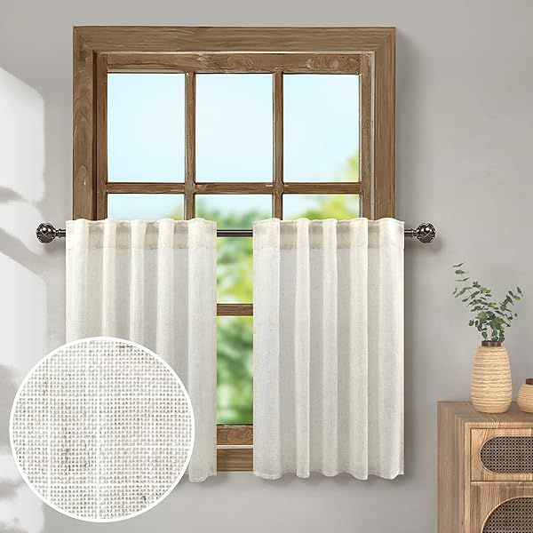 Farmhouse Kitchen Curtains 30 Inch Length Light Airy Linen Cafe Tiers for Small Bedroom Bathroom Boho Casual Semi Transparent Cream Ivory