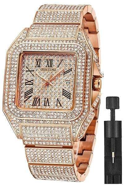 Stylish Men's Rose Gold Hip Hop Crystal Watch - Iced Out Stainless Steel Bracelet Timepiece