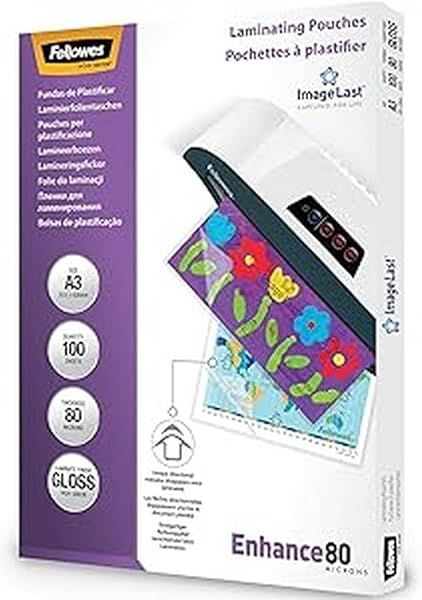 Fellowes A3 Laminating Pouches - Gloss Finish, 25 Sheets, 160 Micron for Photos & Notices