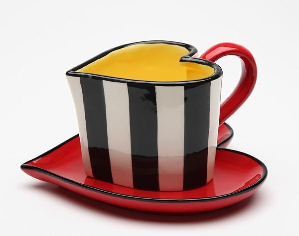 Fine Ceramic Black and White Striped Red Heart Shape Cup and Saucer Set 4-1/2 Inch Length