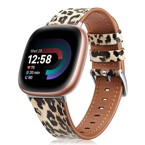 Fintie Classic Leopard Leather Band for Fitbit Versa 4/3 & Sense 2/1 – Stylish & Adjustable Replacement Strap