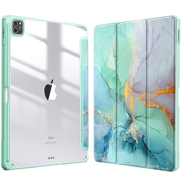 Fintie Hybrid Slim Case for iPad Pro 12.9 inch 6th Gen with Built-in Pencil Holder Shockproof Clear Back Shell Emerald Marble