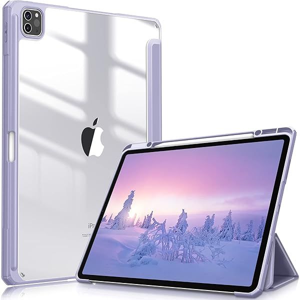 Fintie Hybrid Slim Case for iPad Pro 12.9 inch 6th Gen with Built-in Pencil Holder Shockproof Clear Back Shell Lilac Purple