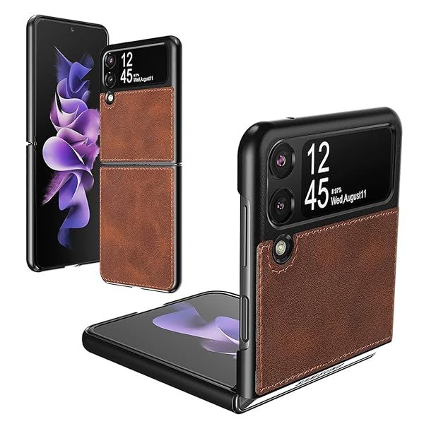 Foluu Galaxy Z Flip 3 5G Case - Ultra Thin Leather & Hard PC Shell, Durable Protection (Brown) - 2021 Model