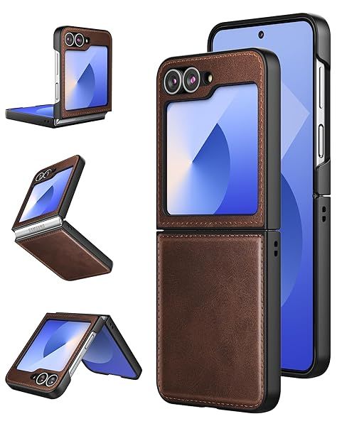 Foluu Ultra Thin Leather Case for Samsung Galaxy Z Flip 6 5G Durable Protective Cover Brown 2024
