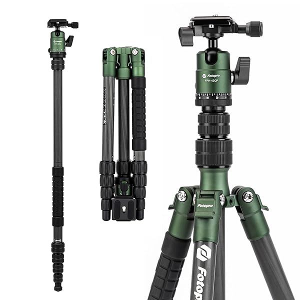 Fotopro 59" Carbon Fiber Travel Tripod, Compact Camera Tripod with Ball Head, Detachable Monopod with Quick Release Plate and Bag, Load up to 8KG/17.63lbs