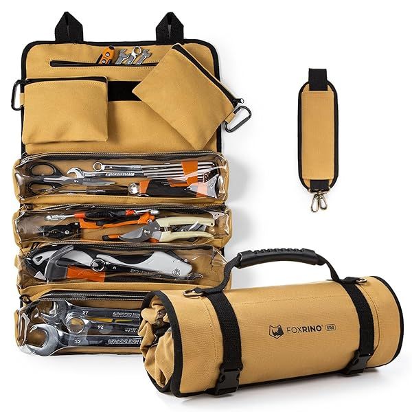Foxrino Tool Roll Bag Heavy Duty Canvas Organizer with 4 Clear Pockets and 2 Detachable Pouches for Mechanics and Electricians