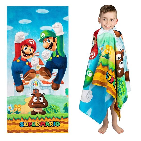 Franco Super Mario Kids Towel - Soft Cotton Bath/Pool/Beach Towel 58x28 in | Official Nintendo Merchandise