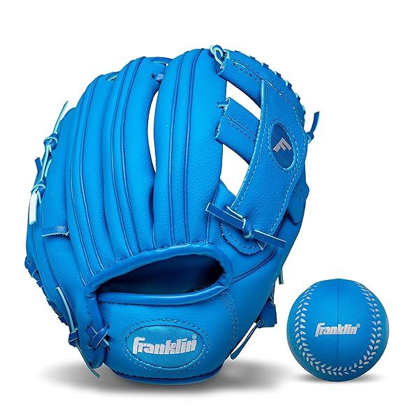 "Franklin Sports Kids Baseball Gloves - RTP Teeball Set for Boys & Girls - Right Hand Throw - 9.5" Blue Mitt & Ball"