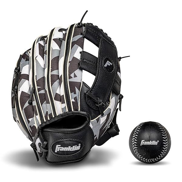 "Franklin Sports Kids Baseball Gloves - RTP Teeball Set for Boys & Girls - Right Hand Throw - 9.5" Black Mitt & Ball"