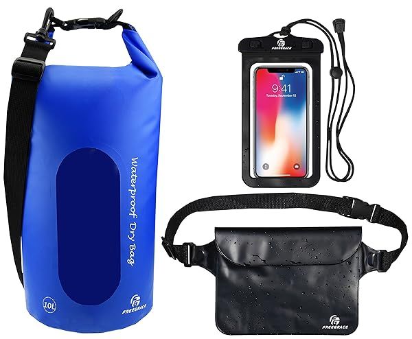 Freegrace Waterproof Dry Bags Set - 3 Dry Bags with Zip Lock, Shoulder Strap & Phone Case for Swimming - 10L Navy Blue