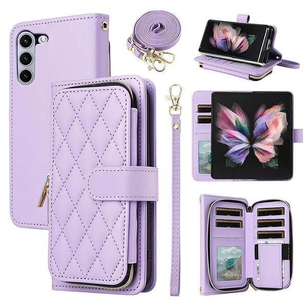 Furiet Wallet Case for Samsung Galaxy Z Fold 5 5G 2023 with Wrist Strap and 9 Card Slots Luxury PU Leather Cover in Purple