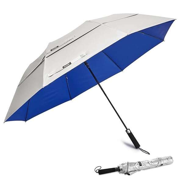 G4Free 62-Inch Golf Umbrella: UV Protection, Automatic Open, Windproof Double Canopy - Silver/Blue